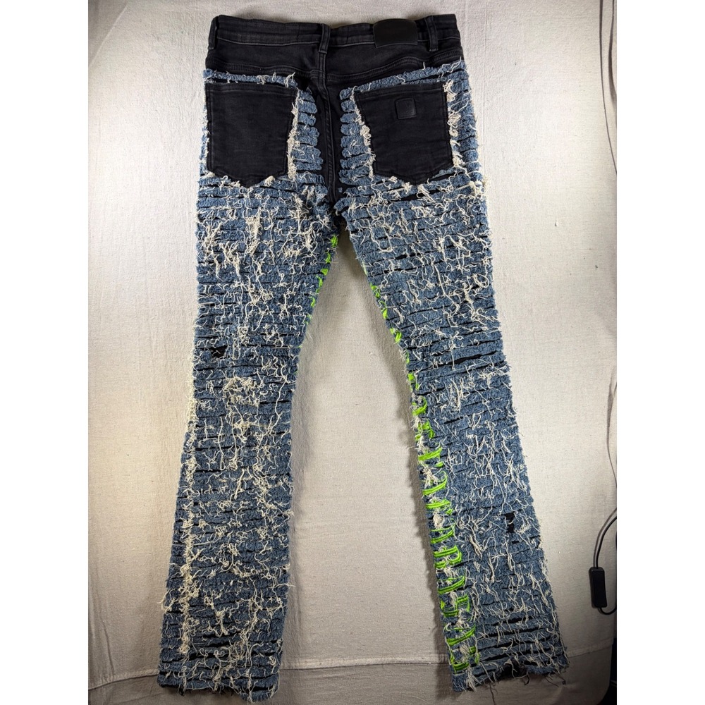 Valabasas Stacked Jeans Mens 34 Black Blue Distressed Shredded Neon Green Stretc